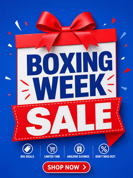 Promotional vertical Boxing Week Sale graphic banner with red gift box, blue text, confetti and shop now button against blue backdrop