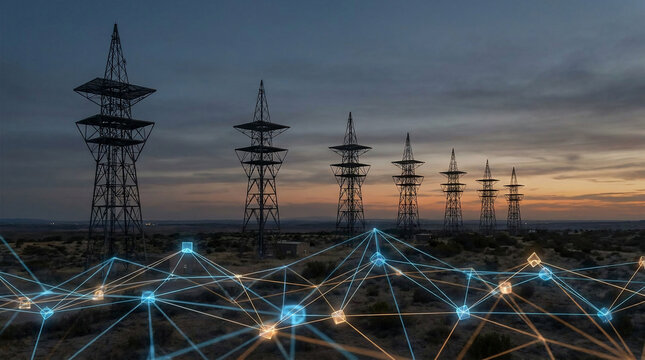 High-voltage transmission towers with digital network overlay at sunset, suitable for energy utility marketing, tech blogs and industry reports
