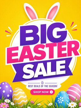 Colorful Easter sale graphic on bright yellow background featuring bunny ears, BIG EASTER SALE text, decorated eggs, grass and flowers with shop now button