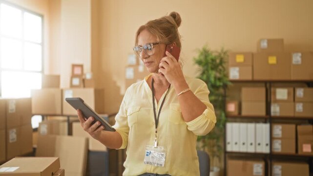 Woman holding smartphone and tablet, hand to ear for call among stacked parcels in a building; productivity efficiency organization.
