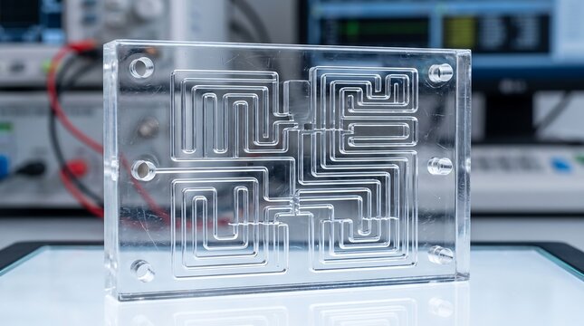 Clear acrylic microfluidic device with intricate internal channels for scientific laboratory testing and fluidic analysis