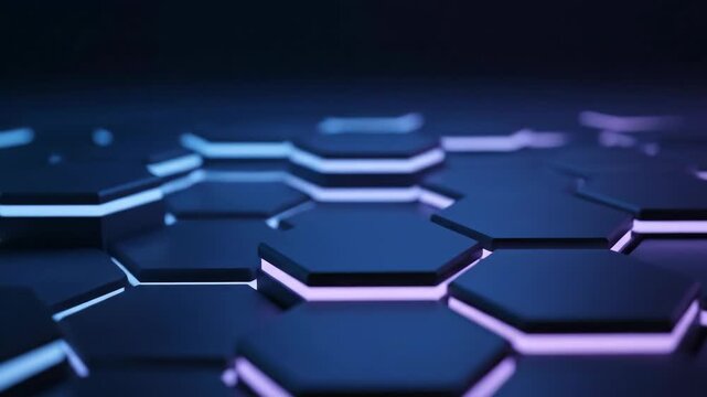 Glowing hexagonal tiles with light emanations create a futuristic and technological visual. The color scheme is predominantly blue and purple