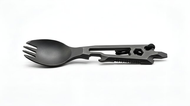 Black tactical multitool spork camping utensil isolated on white background