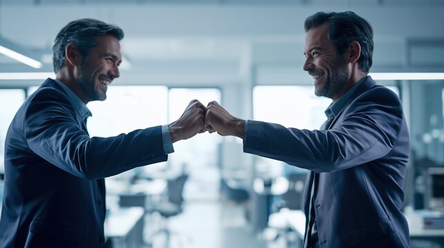 Fist bump and punch teamwork from business partnership celebrate shared success as two professionals mark an achievement with a confident gesture in the office.