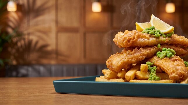 British Fish and chips inside blue ceramic platter on wooden table featured crispy fried fish with fries and mushy peas topped with lemon wedges and rising steam