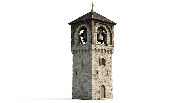 Stone Bell Tower Architecture Isolated on White Background for Historical Projects