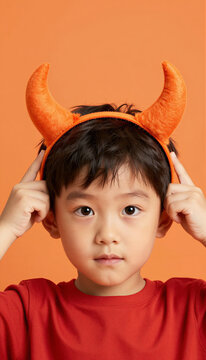 Little boy wearing cute orange devil horns headband