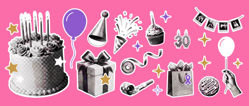 Birthday Party Sticker Set, Retro Halftone Celebration Illustration Collection
