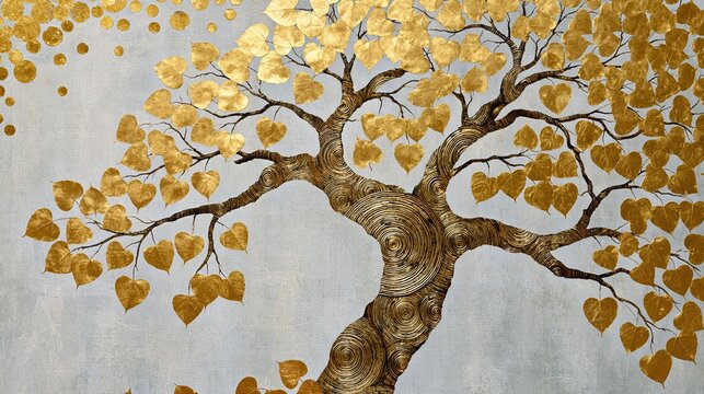 A gold Bodhi tree Ficus religiosa creates an elegant art symbolizing Buddhism, peace, and spiritual growth, ideal for cultural and spa themed design.