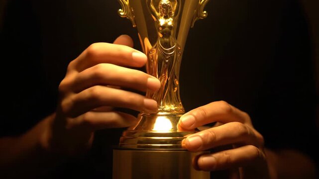 A close-up shot of hands holding a golden trophy. The statue is well-lit, and the background is a dark color