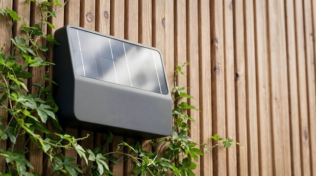 Solar inverter box with panel mounted on slatted wooden wall with ivy