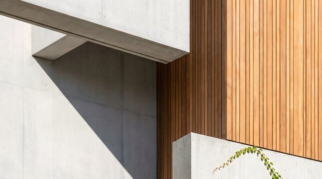 Modern architectural detail of concrete structure and wooden slats with geometric shadows concept
