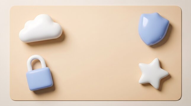 Minimal 3D cloud security icons with padlock shield and star on beige background copy space concept
