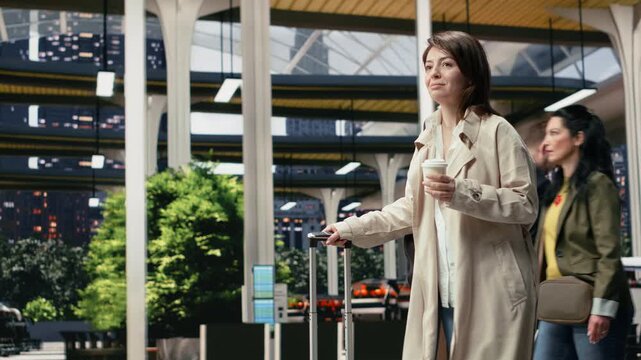 Woman pulls luggage through a bus terminal while carrying takeaway coffee, taking a refreshment break before continuing her intercity shuttle journey.