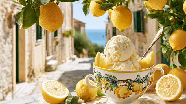 Creamy homemade lemon gelato served in an elegant ceramic cup decorated with hand-painted lemon illustrations, surrounded by fresh lemons beneath a lemon tree