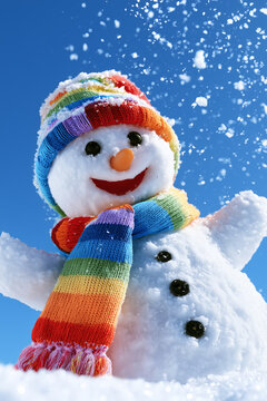 Cute snowman with a rainbow-colored scarf catching falling snowflakes, brilliant blue winter sky, sparkling white snow, cheerful atmosphere