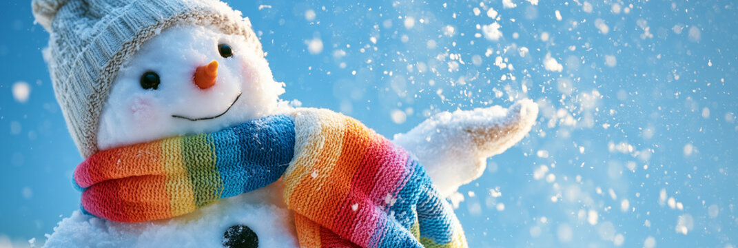 Cute snowman with a rainbow-colored scarf catching falling snowflakes, brilliant blue winter sky, sparkling white snow, cheerful atmosphere