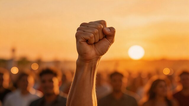 Fist raised in protest at sunset