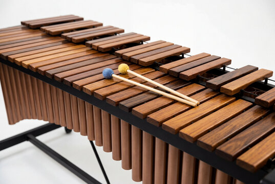 Professional wooden marimba instrument with mallets resting on keys