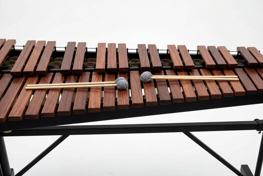 Close up of marimba keys and mallets on white studio background