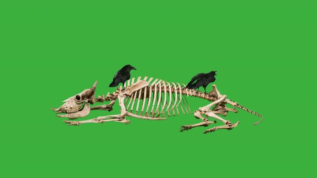 Two Ravens on a Bison skeleton green screen