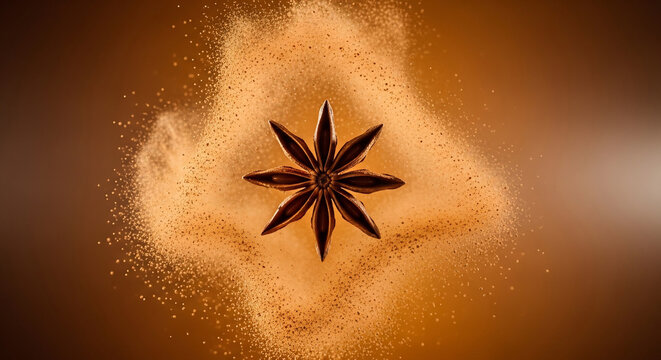 Close-up of a single star anise spice exploding with powder against a warm gradient background, ideal for food blogs, culinary advertising and spice promotions