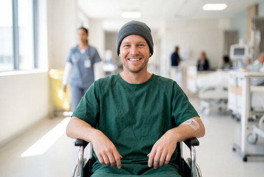 Smiling male hospital patient wearing green scrubs and beanie sitting in wheelchair in bright ward