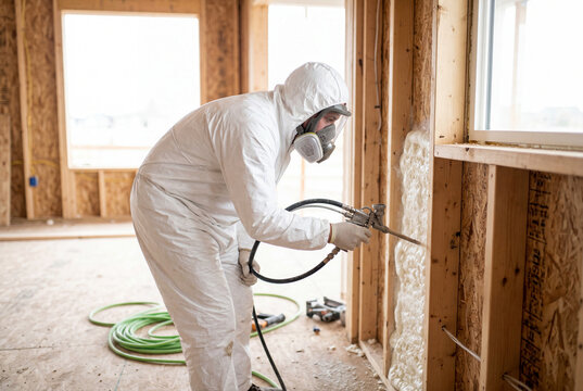 Worker in a white protective suit spraying polyurethane foam insulation into a wooden house frame