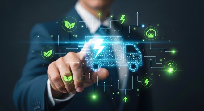 Businessman touching holographic electric truck icon for green logistics sustainable delivery and eco-friendly smart transportation technology