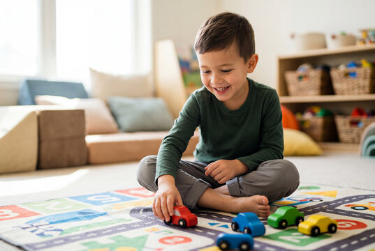 Smiling young boy playing with colorful toy cars on a mat