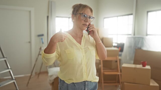 Woman in yellow blouse talking on smartphone amid stacked moving boxes, ladder and chair in bright room inside building; stressed planning move.