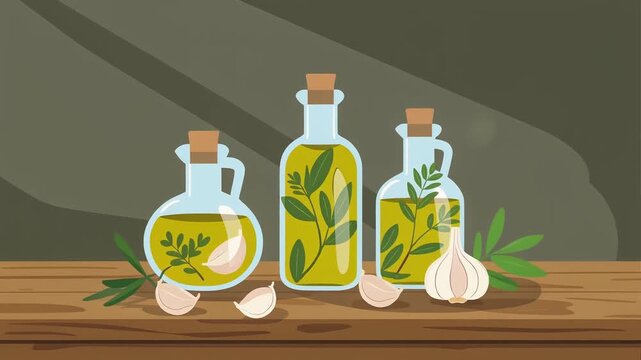 Glass bottles with infused olive oil. Organic herbs and garlic cloves on wooden table.