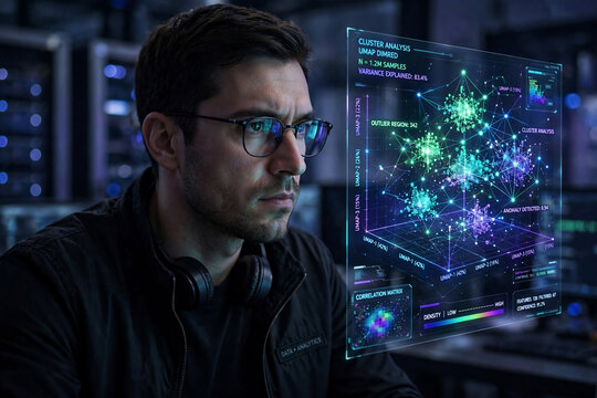 Man examining complex 3D data visualization with cluster analysis and correlation matrix, ideal for technology presentations, data science marketing and AI innovation.