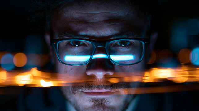 Focused Programmer with Screen Reflection in Glasses Working Late