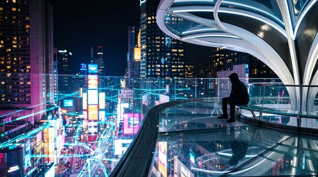 Futuristic Smart City Overlooked by Silhouette on Observation Deck