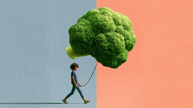 Person Walking Giant Broccoli Conceptual Art for Healthy Living