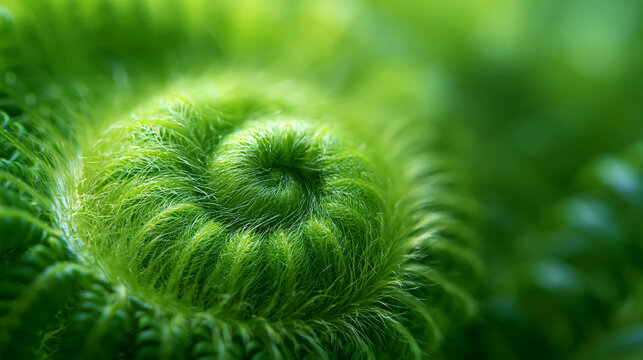 Macro Close Up of Unfurling Green Fern Frond