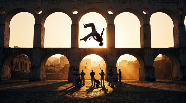 Capoeira Fighter Flipping Mid Air at Lapa Aqueduct Rio De Janeiro