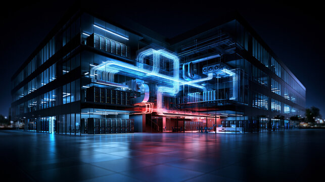 Digital Twin Hologram Overlay on Modern Smart Building at Night