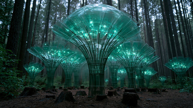 Futuristic Glowing Green Art Installations in Pine Forest