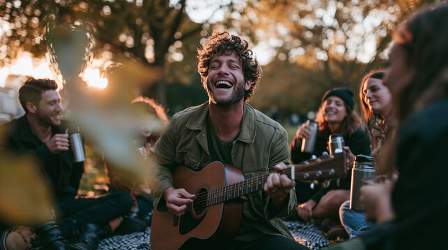 Happy Man Playing Acoustic Guitar for Friends in Park at Sunset