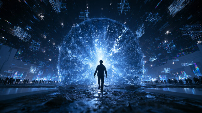 Man Walking Toward Glowing Digital Portal in Futuristic Metaverse