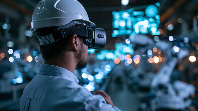 Engineer Wearing VR Headset in Futuristic Smart Factory
