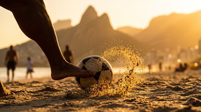 Barefoot Person Kicking Soccer Ball on Beach Sand at Sunset