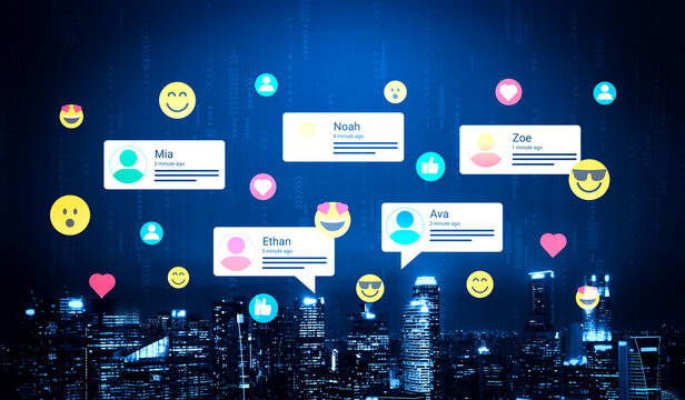 This image depicts user profiles with emojis in a digital landscape, capturing the essence of social media interaction and community engagement against a vibrant city skyline. Ledger