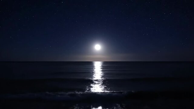 A serene nightscape showcasing a glowing full moon reflecting on the ocean's surface with shimmering stars