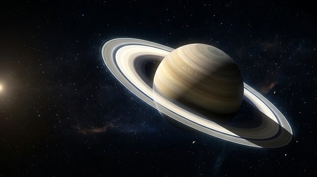 Close up view of planet saturn with iconic rings in outer space astronomy universe