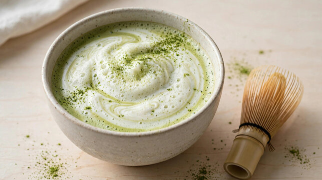 Matcha latte com espuma cremosa e p&oacute; verde vibrando