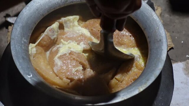 Date juice was cooked and turned red, and the Chitai Pitha was dipped in it, now milk is poured into it, which will be called Dudh-Chitai Pitha.