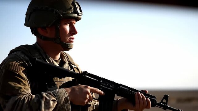 A determined soldier, clad in combat gear, holds a rifle, gazing with focus. Sunlight enhances the details